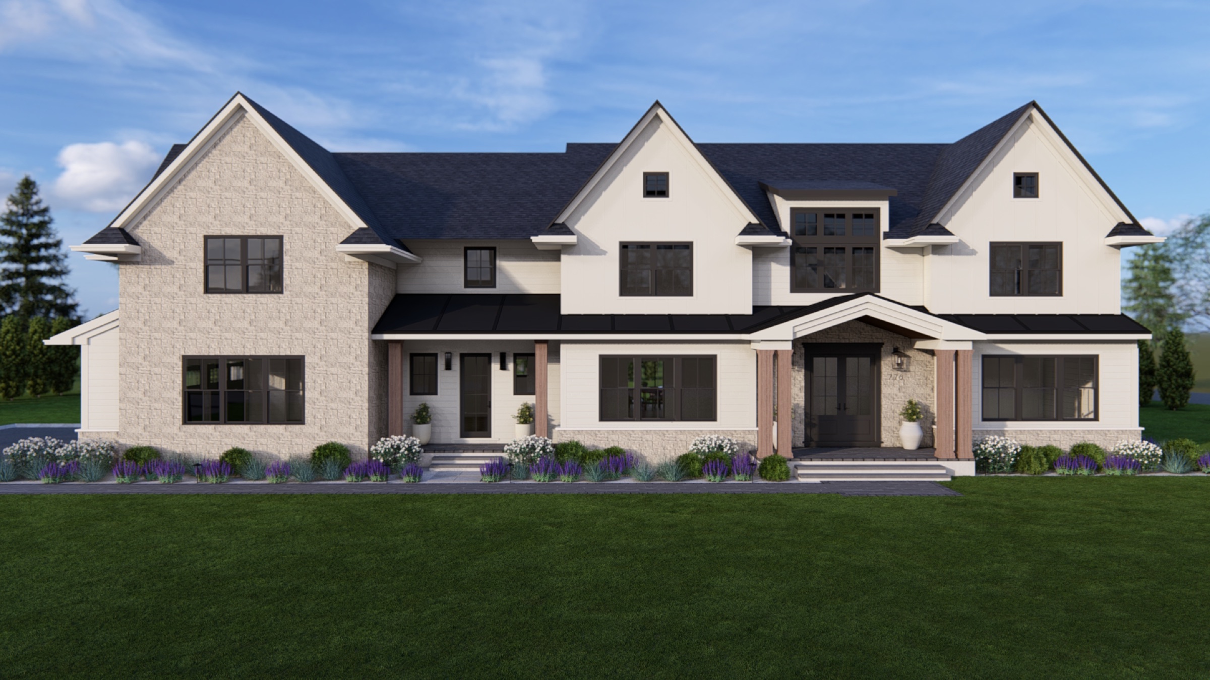 Architectural rendering of 776 Comanche Lane, a new-construction estate in Franklin Lakes with a stone-and-siding facade, gabled rooflines, and a three-car garage on a cul-de-sac